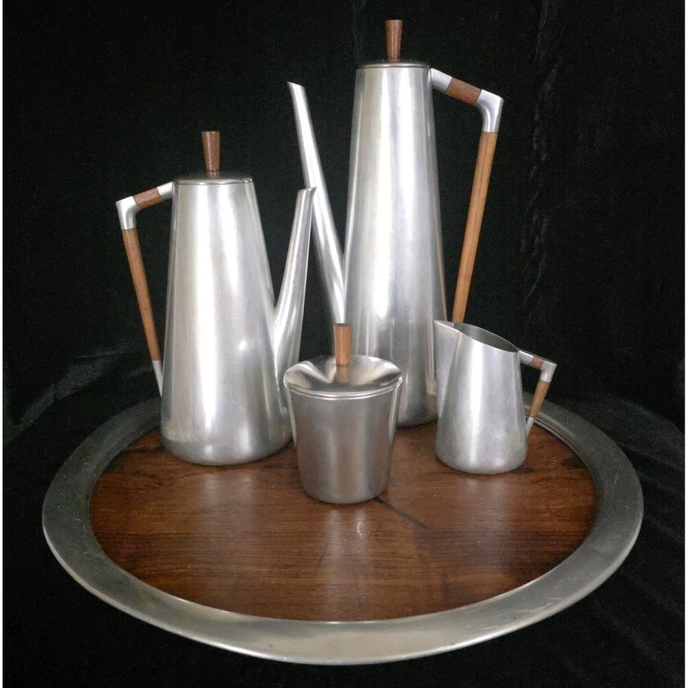 VTG Royal Holland KMD Daalderop (8pc) MCM Pewter & Teak Coffee/ Tea Set Art Deco